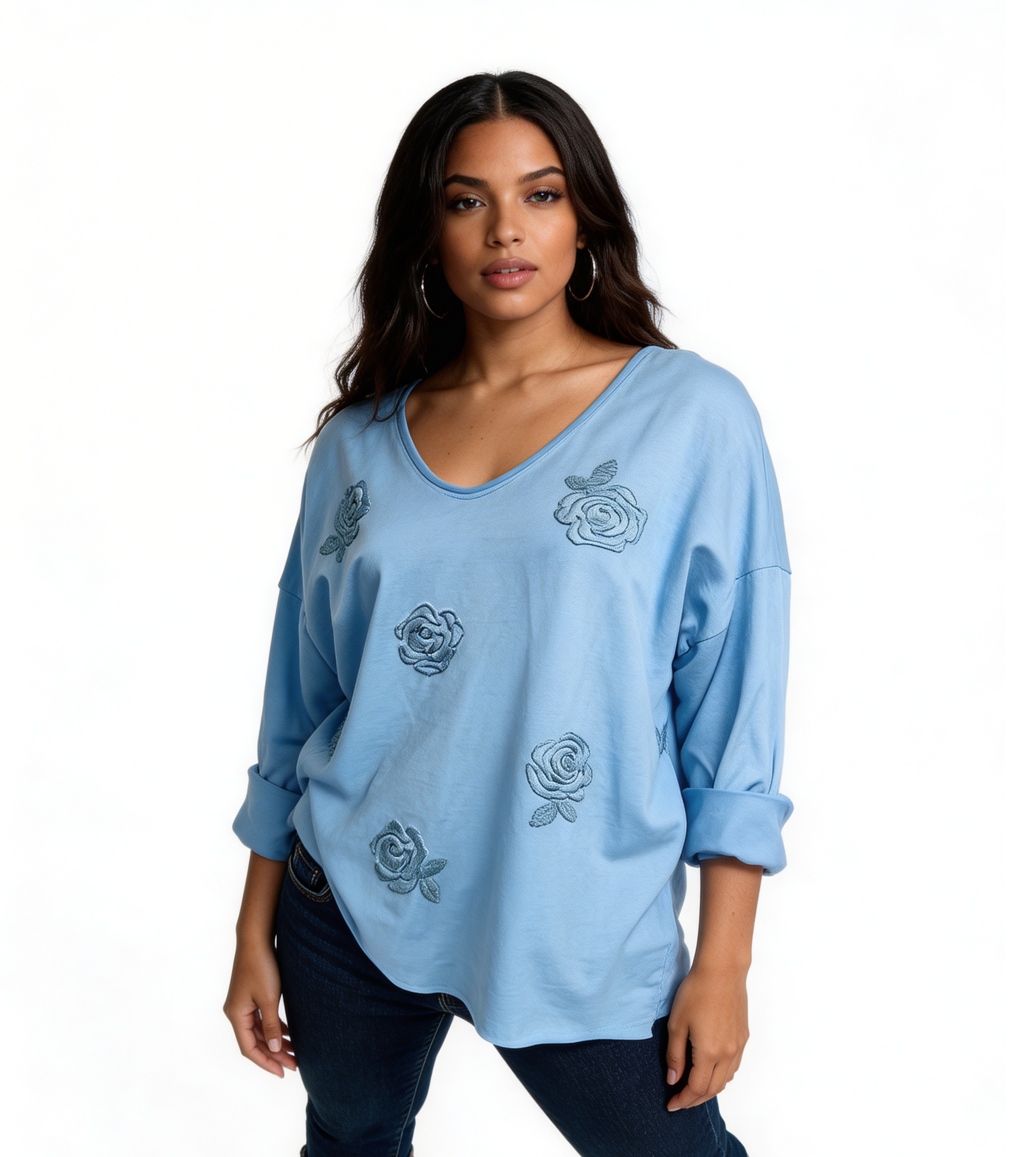 Knit Sweater with Floral Button Detail - Sky Blue