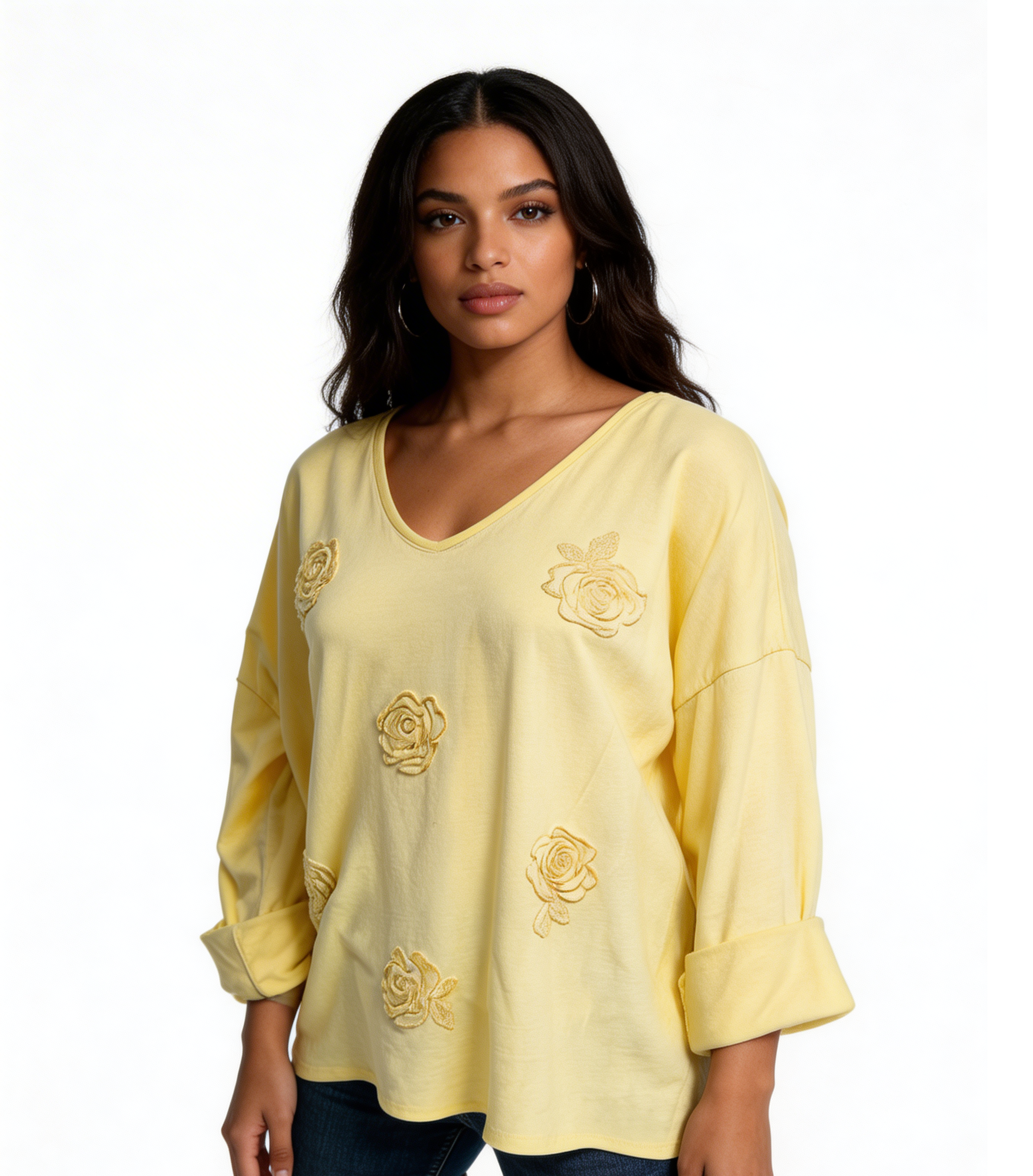 Knit Sweater with Floral Button Detail - Lemon