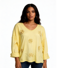 Knit Sweater with Floral Button Detail - Lemon