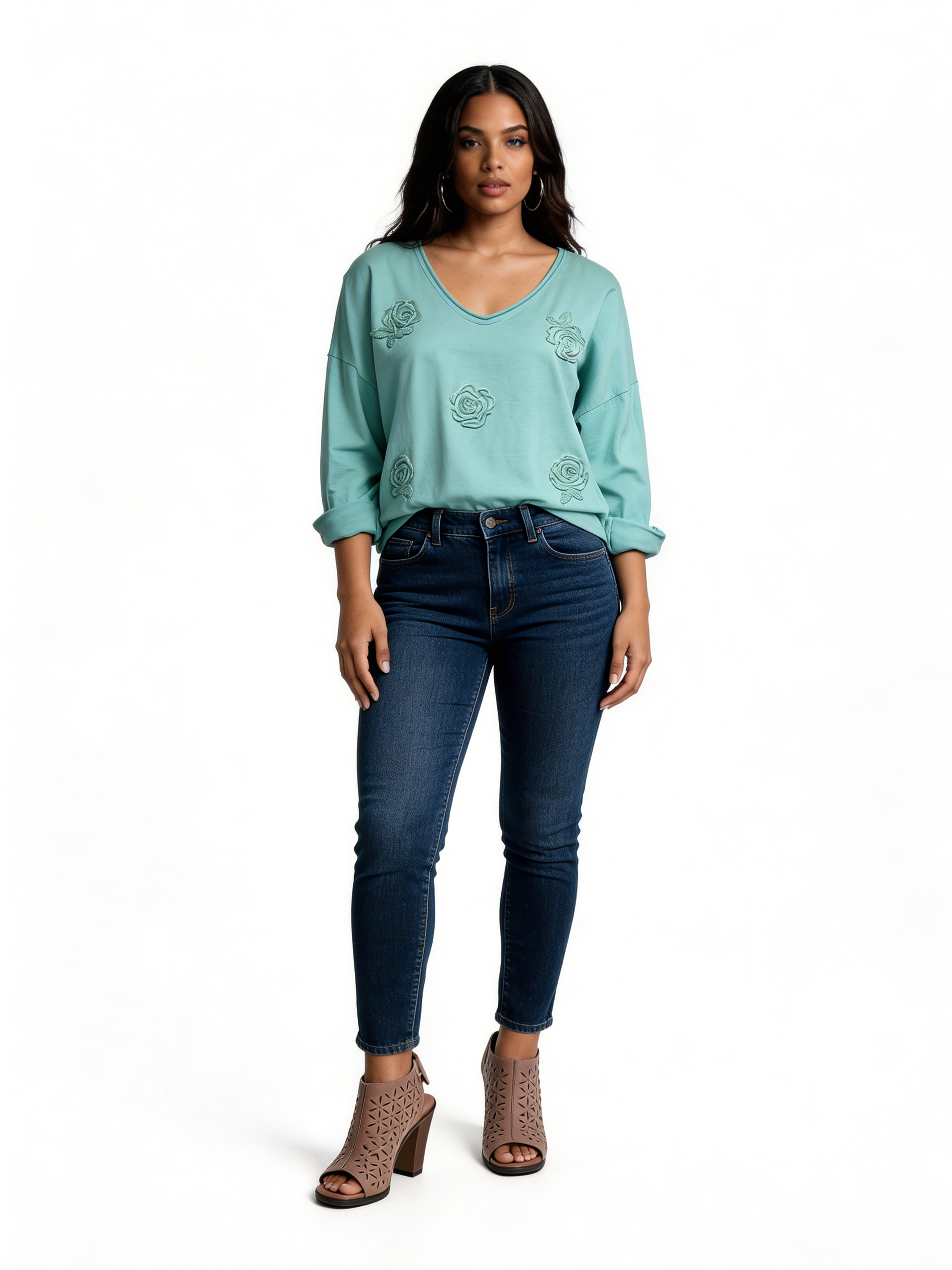 Knit Sweater with Floral Button Detail - Mint