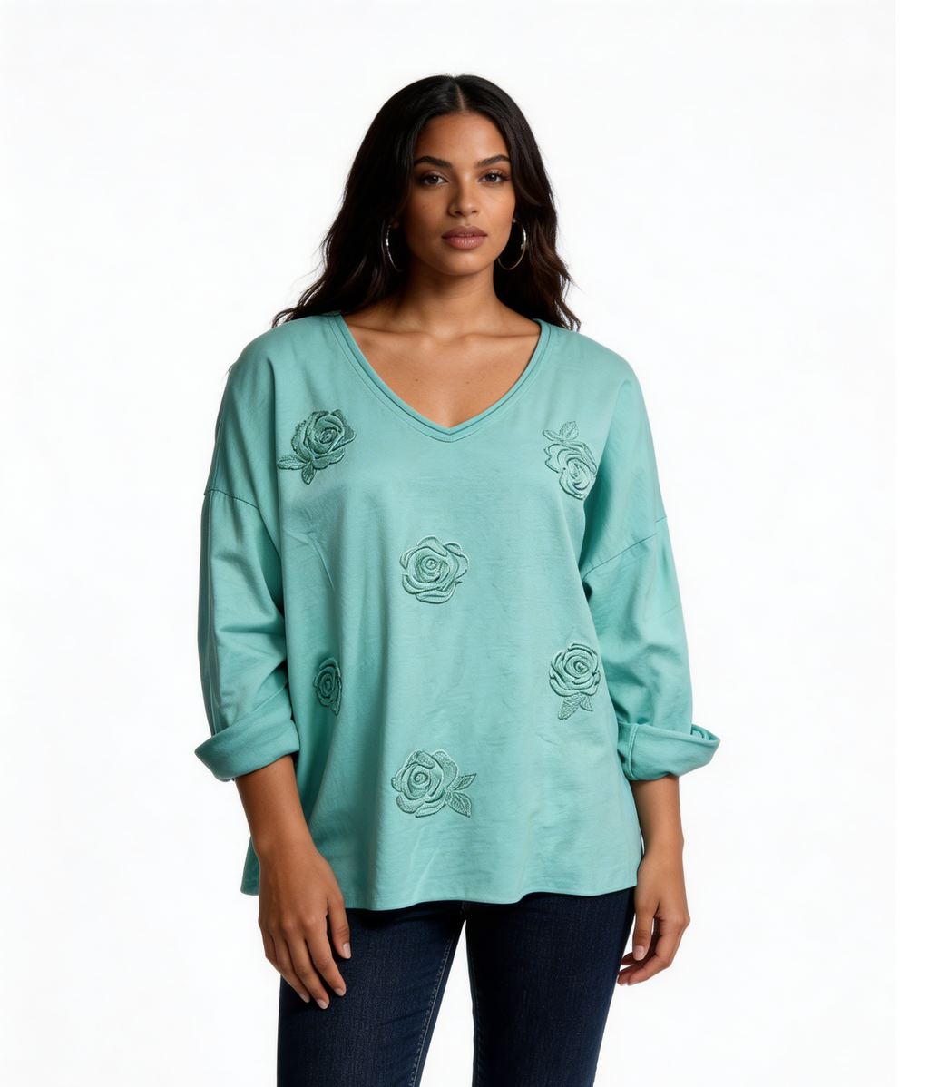 Knit Sweater with Floral Button Detail - Mint