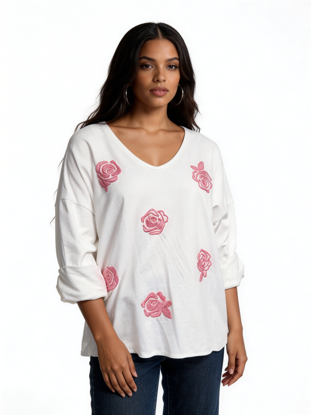 Knit Sweater with Floral Button Detail - White