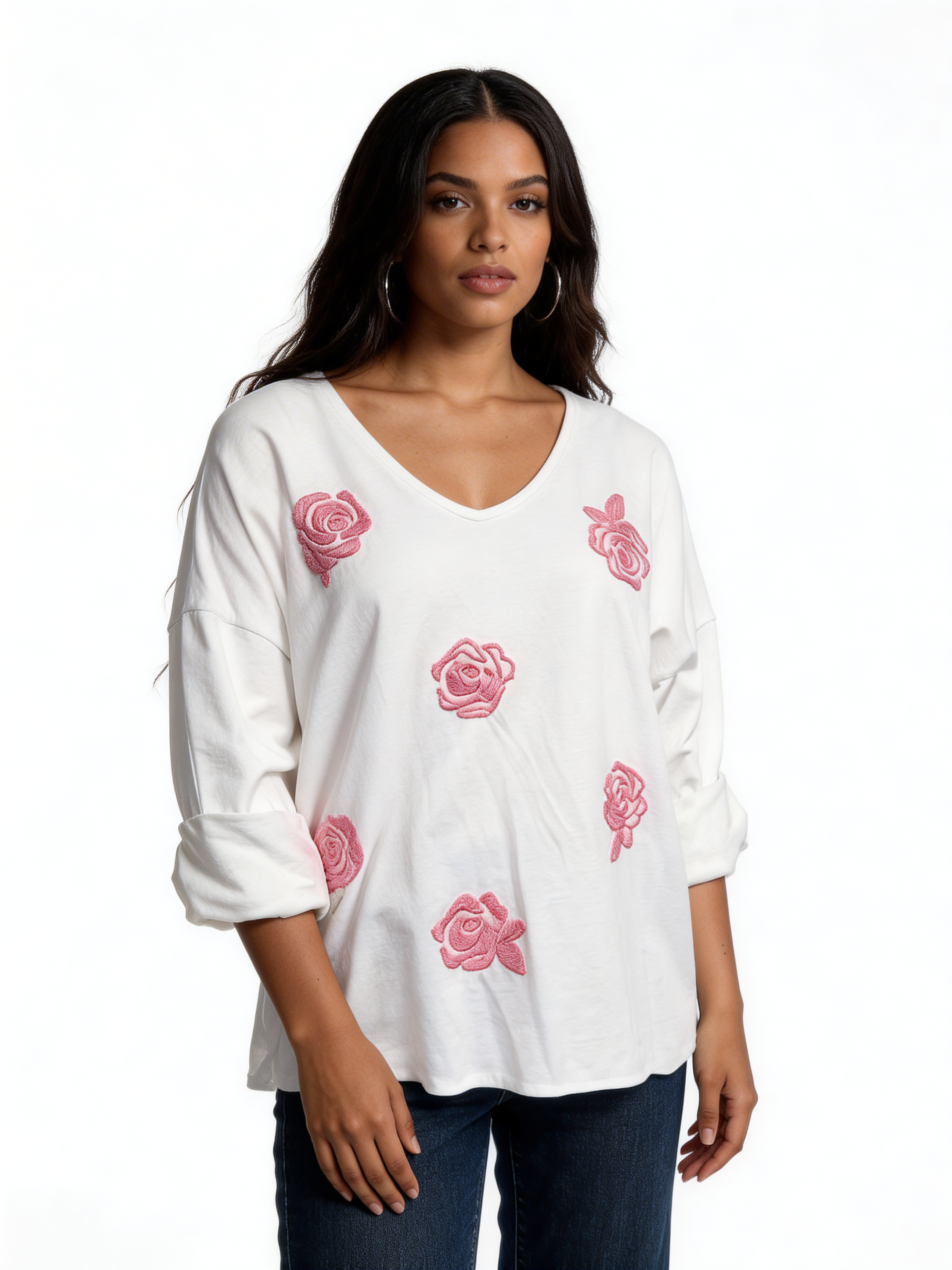 Knit Sweater with Floral Button Detail - White