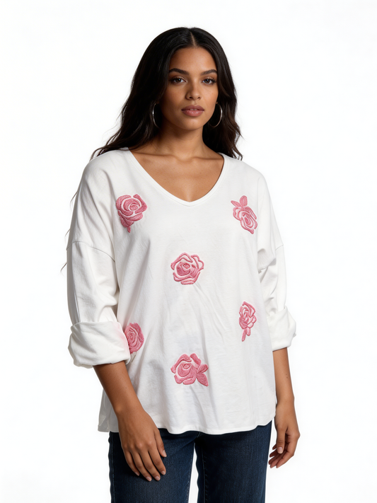 Knit Sweater with Floral Button Detail - White