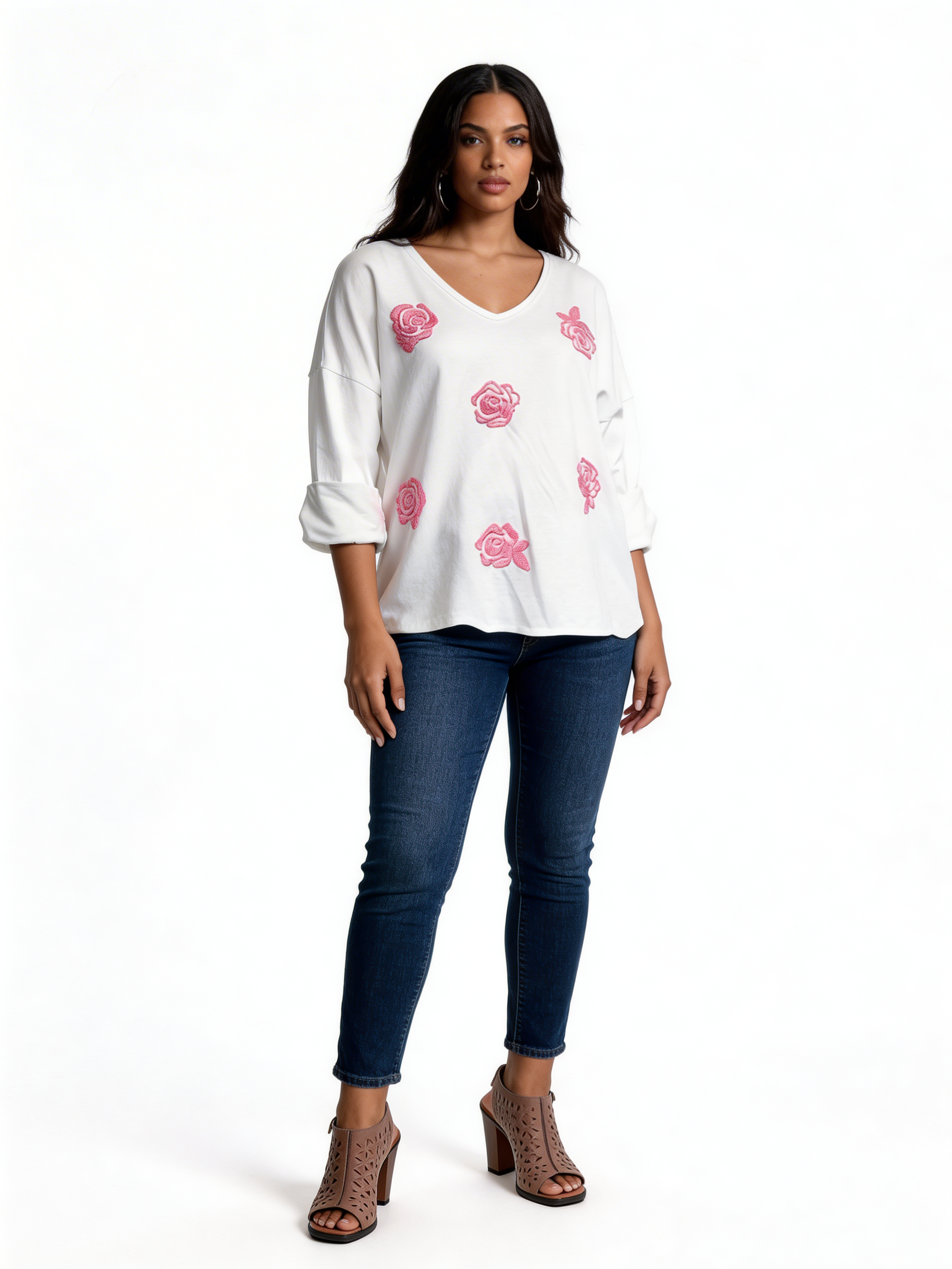 Knit Sweater with Floral Button Detail - White