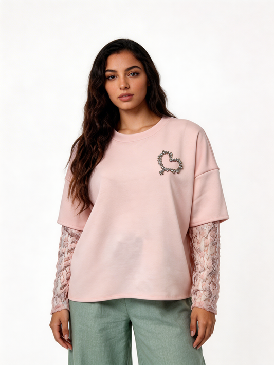 Pearl Heart Embellished T-Shirt with Lace Sleeves - Pink