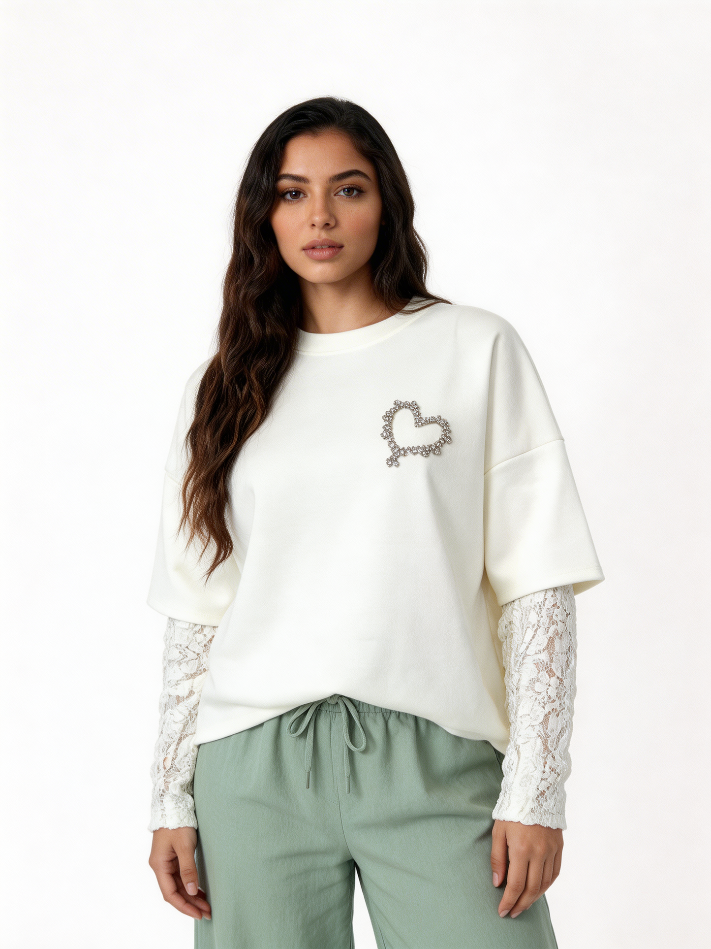 Pearl Heart Embellished T-Shirt with Lace Sleeves - White