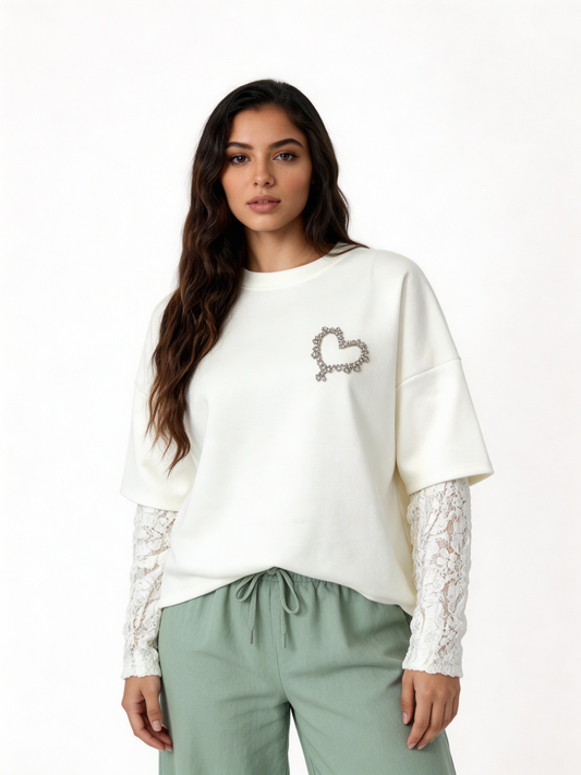 Pearl Heart Embellished T-Shirt with Lace Sleeves - White