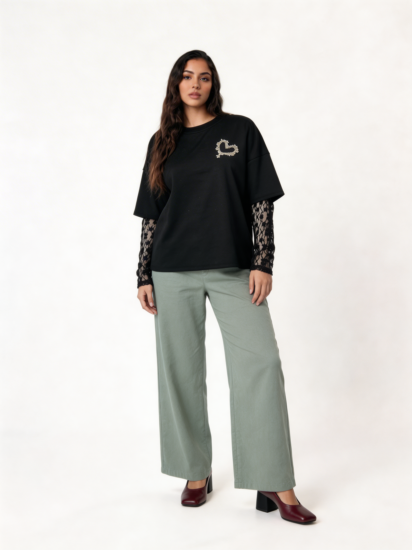 Pearl Heart Embellished T-Shirt with Lace Sleeves - Black