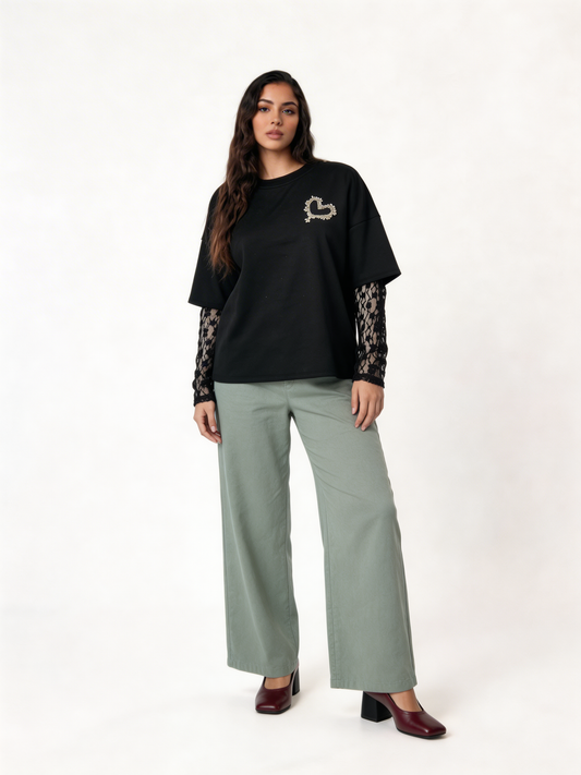Pearl Heart Embellished T-Shirt with Lace Sleeves - Black