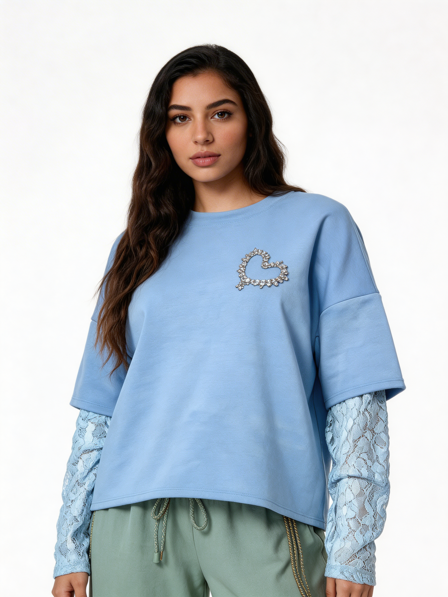 Pearl Heart Embellished T-Shirt with Lace Sleeves - Sky Blue