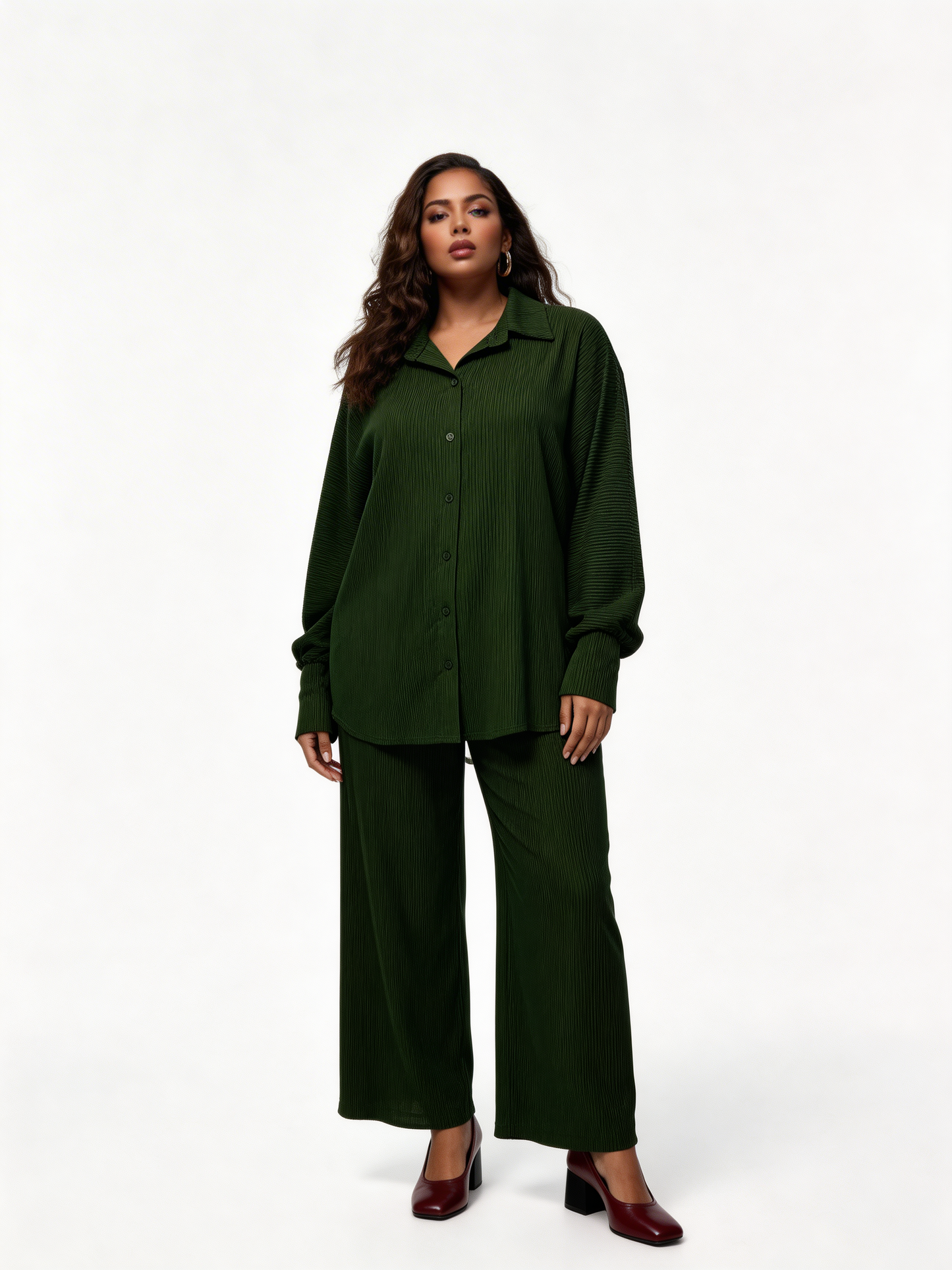 Relaxed Textured Shirt & Wide-Leg Trouser Co-Ord Set – Khaki