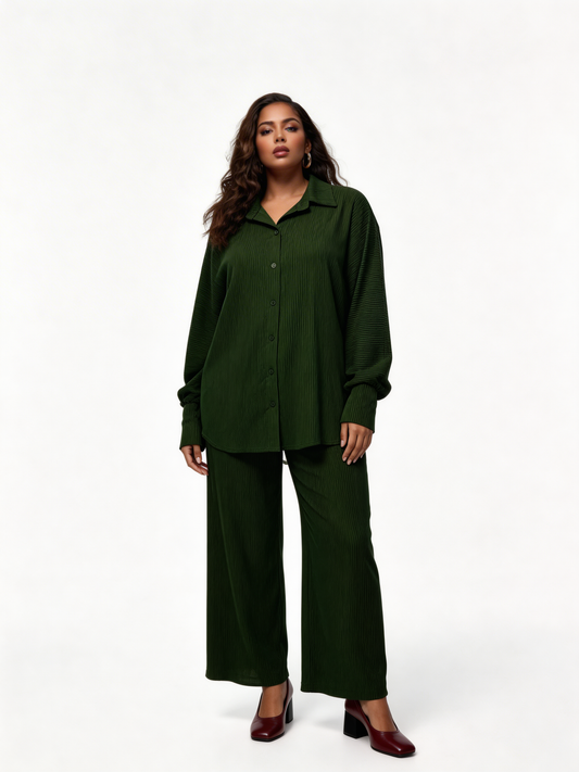 Relaxed Textured Shirt & Wide-Leg Trouser Co-Ord Set – Khaki