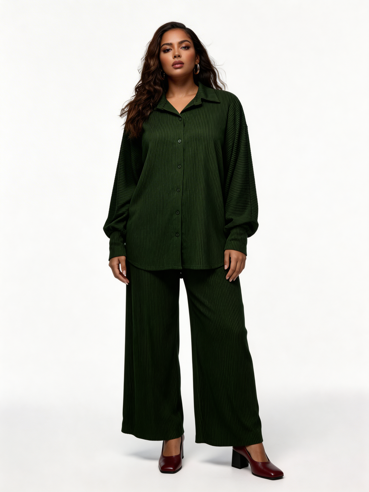 Relaxed Textured Shirt & Wide-Leg Trouser Co-Ord Set – Khaki