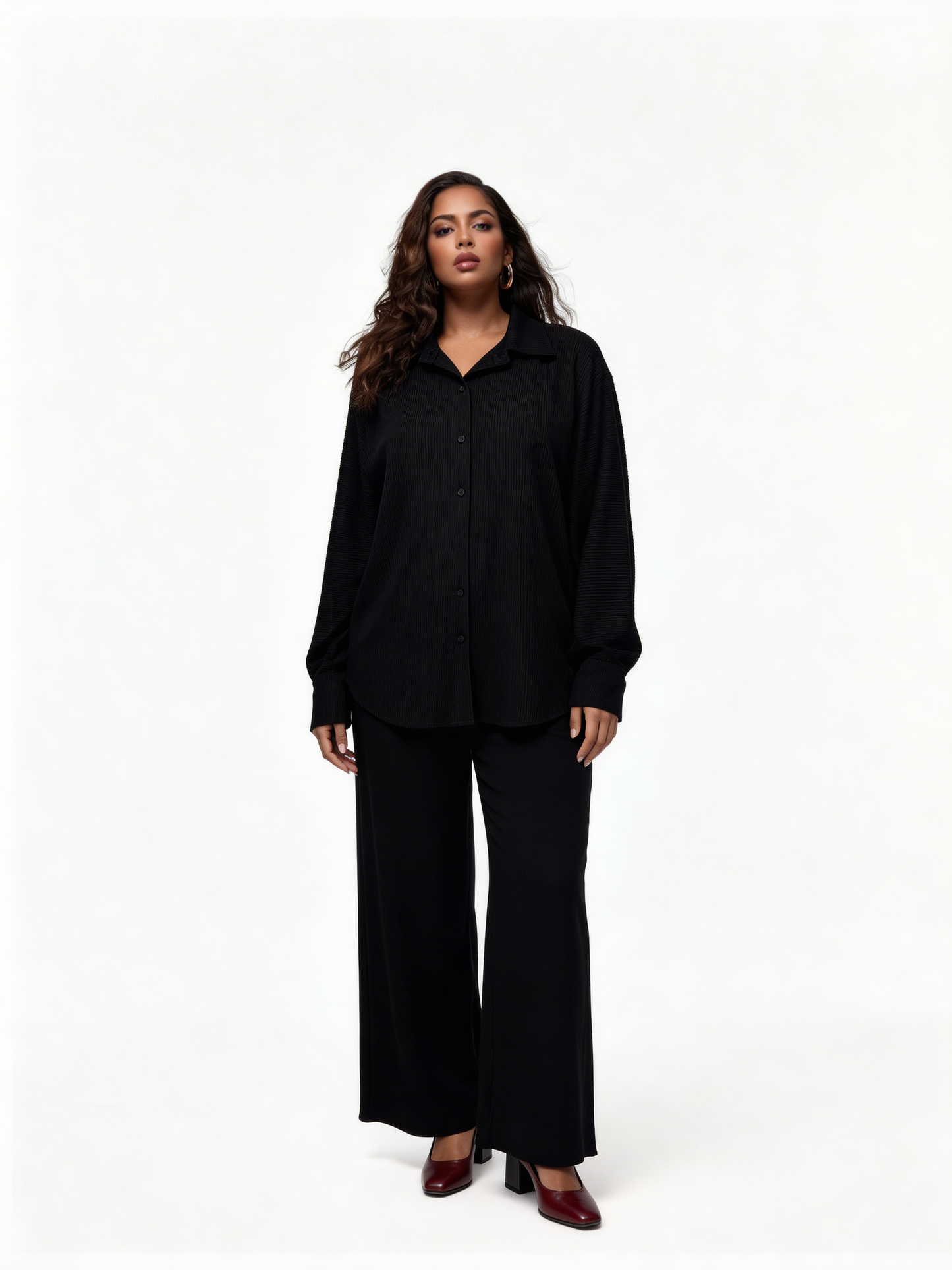 Relaxed Textured Shirt & Wide-Leg Trouser Co-Ord Set – Black