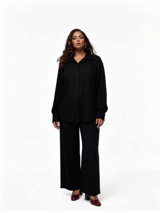 Relaxed Textured Shirt & Wide-Leg Trouser Co-Ord Set – Black