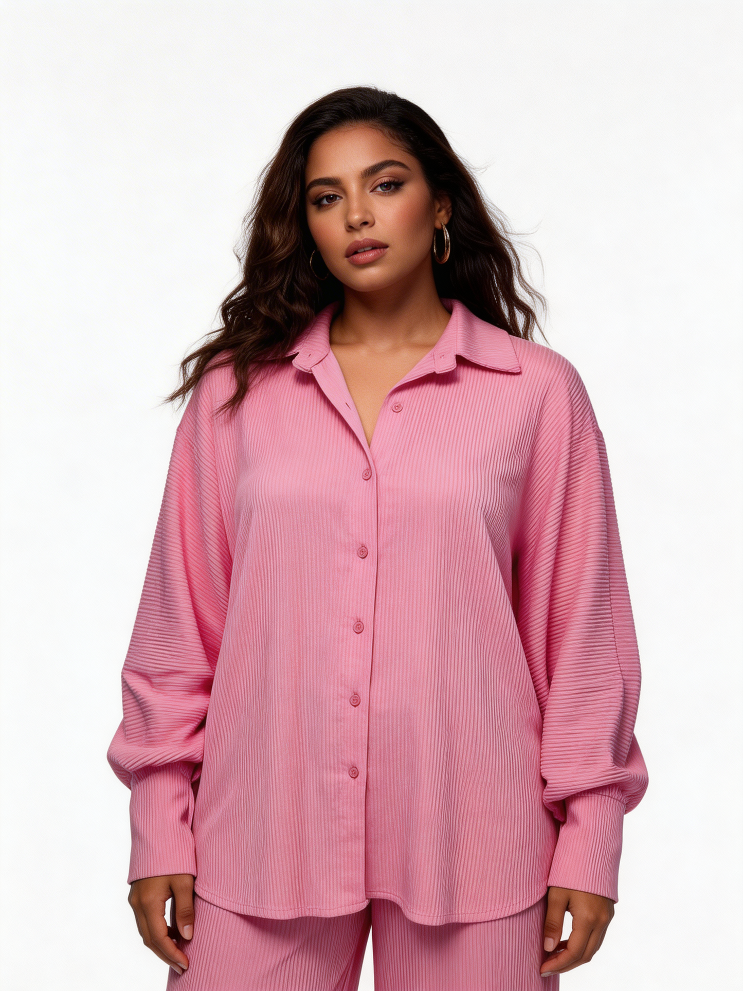 Relaxed Textured Shirt & Wide-Leg Trouser Co-Ord Set – Pink