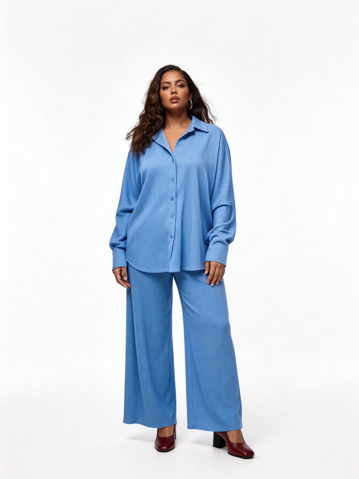 Relaxed Textured Shirt & Wide-Leg Trouser Co-Ord Set – Denim – LV
