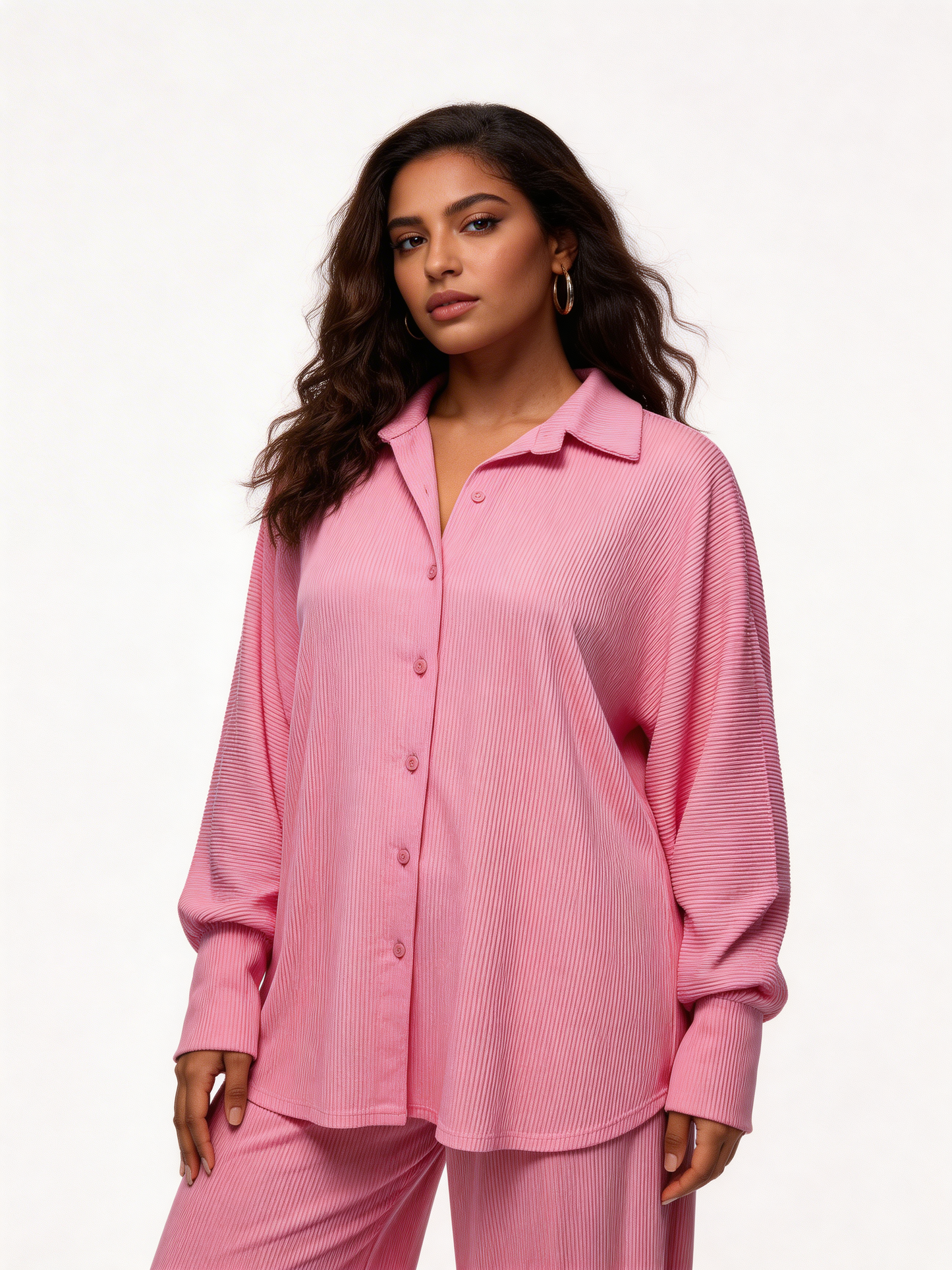 Relaxed Textured Shirt & Wide-Leg Trouser Co-Ord Set – Pink