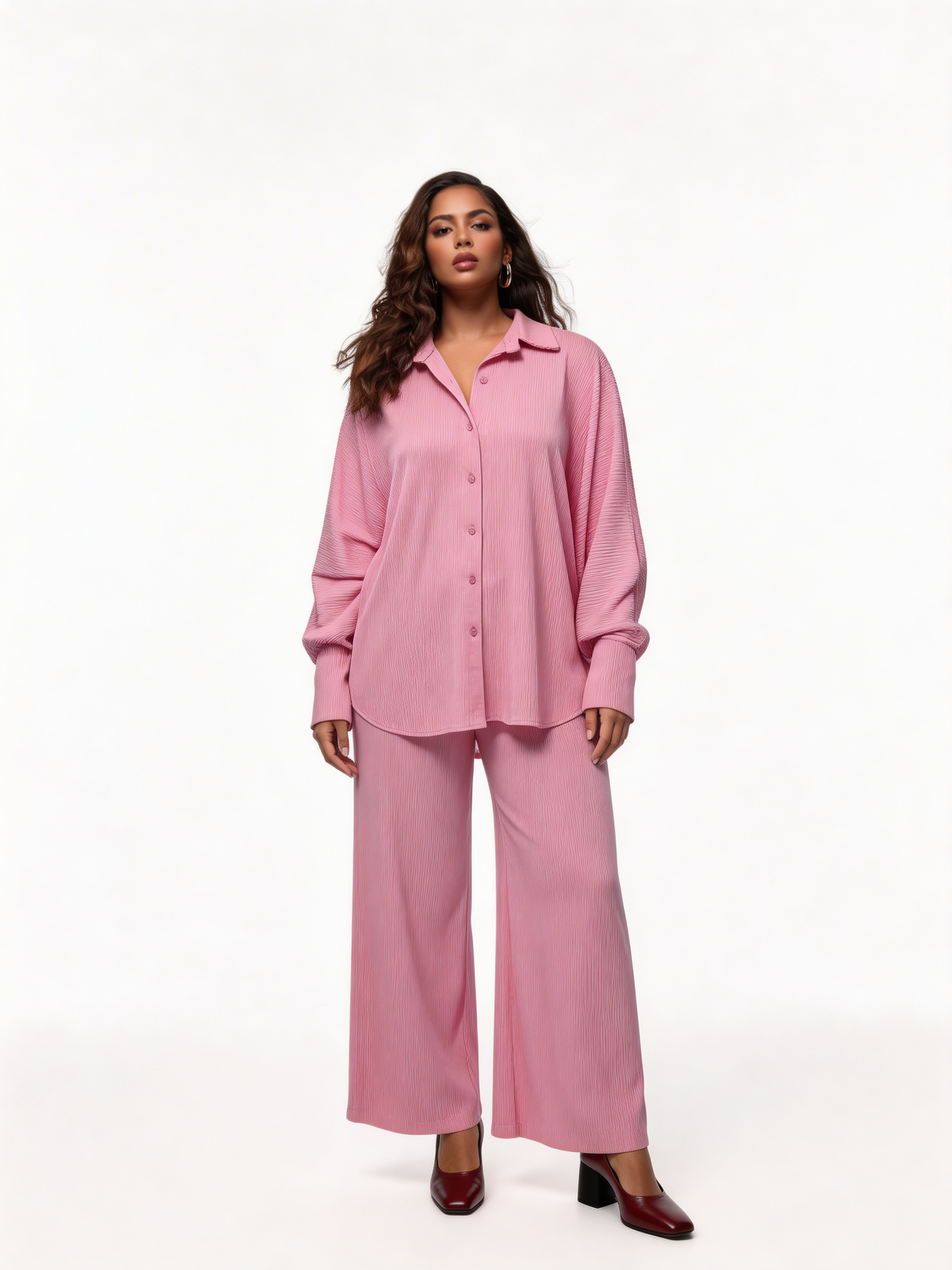 Relaxed Textured Shirt & Wide-Leg Trouser Co-Ord Set – Pink