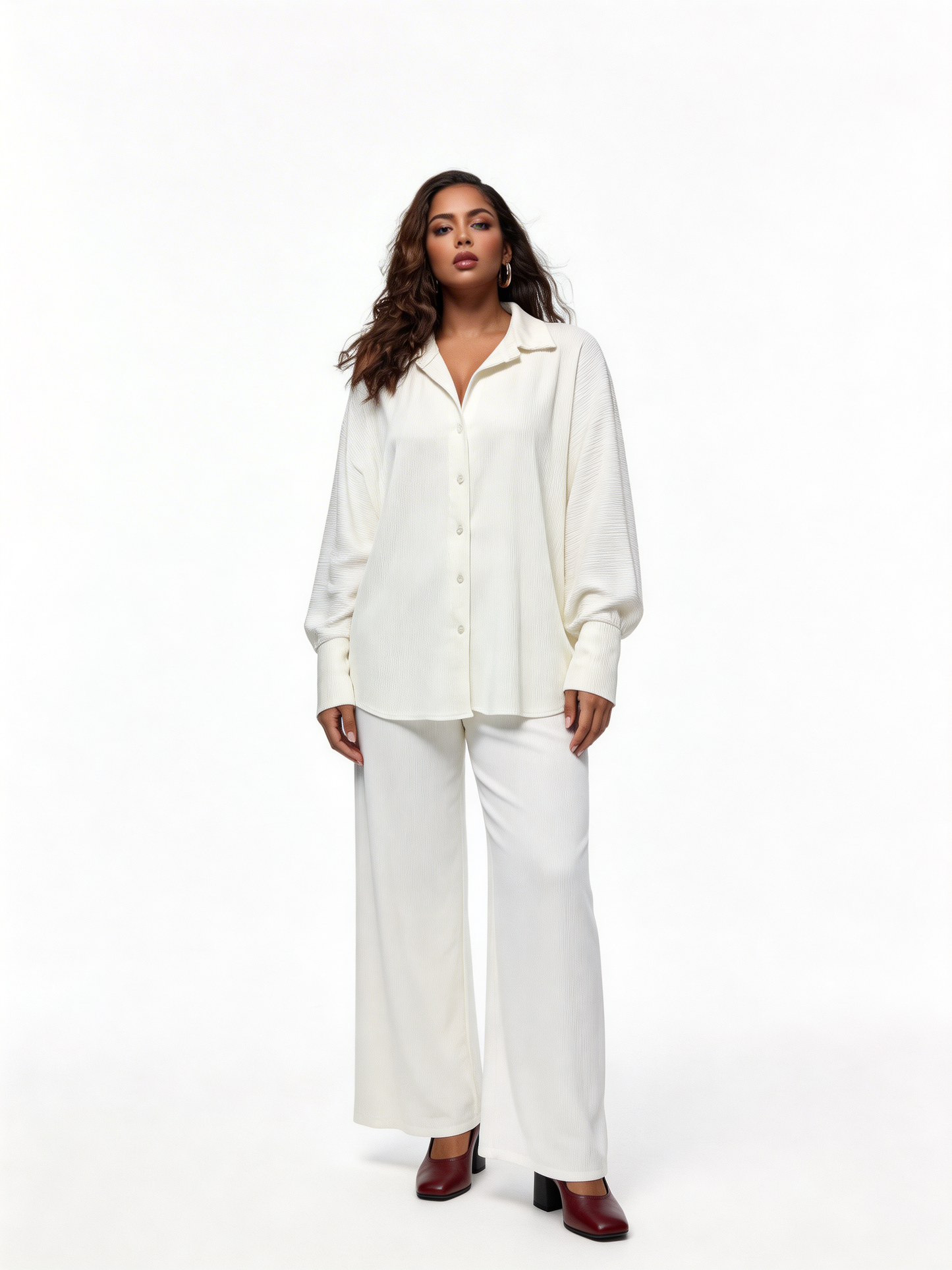 Relaxed Textured Shirt & Wide-Leg Trouser Co-Ord Set – White