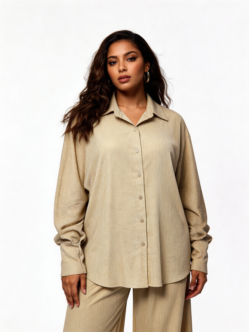 Relaxed Textured Shirt & Wide-Leg Trouser Co-Ord Set – Beige