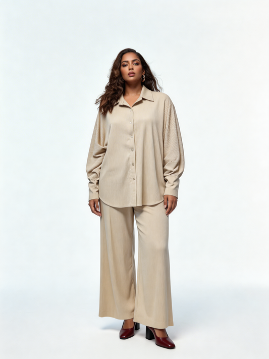 Relaxed Textured Shirt & Wide-Leg Trouser Co-Ord Set – Beige