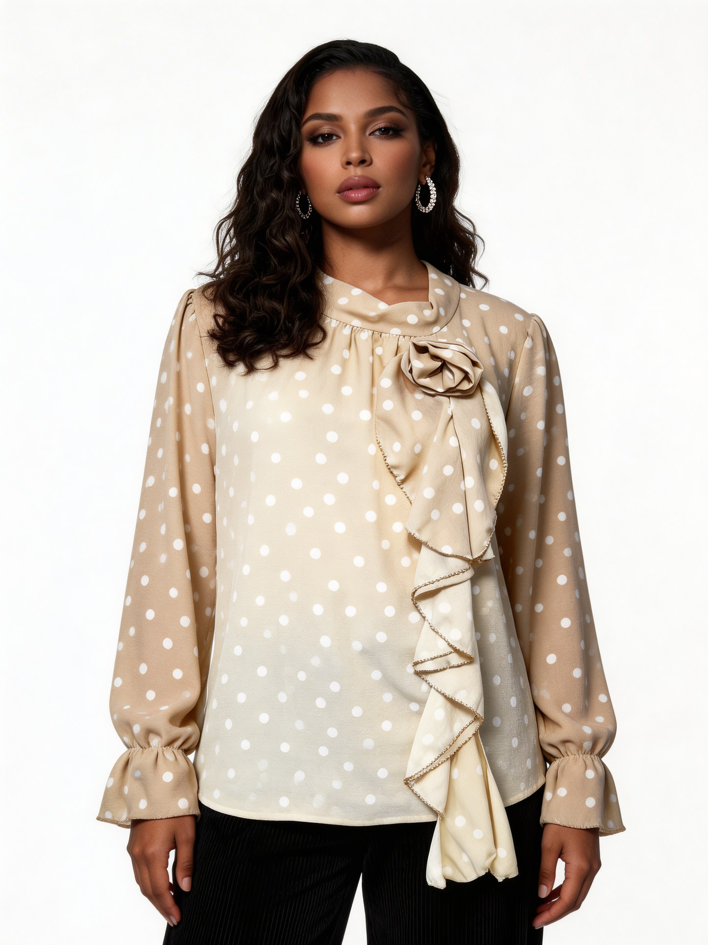 Elegant Polka Dot Ruffle Tie-Neck Blouse - Beige