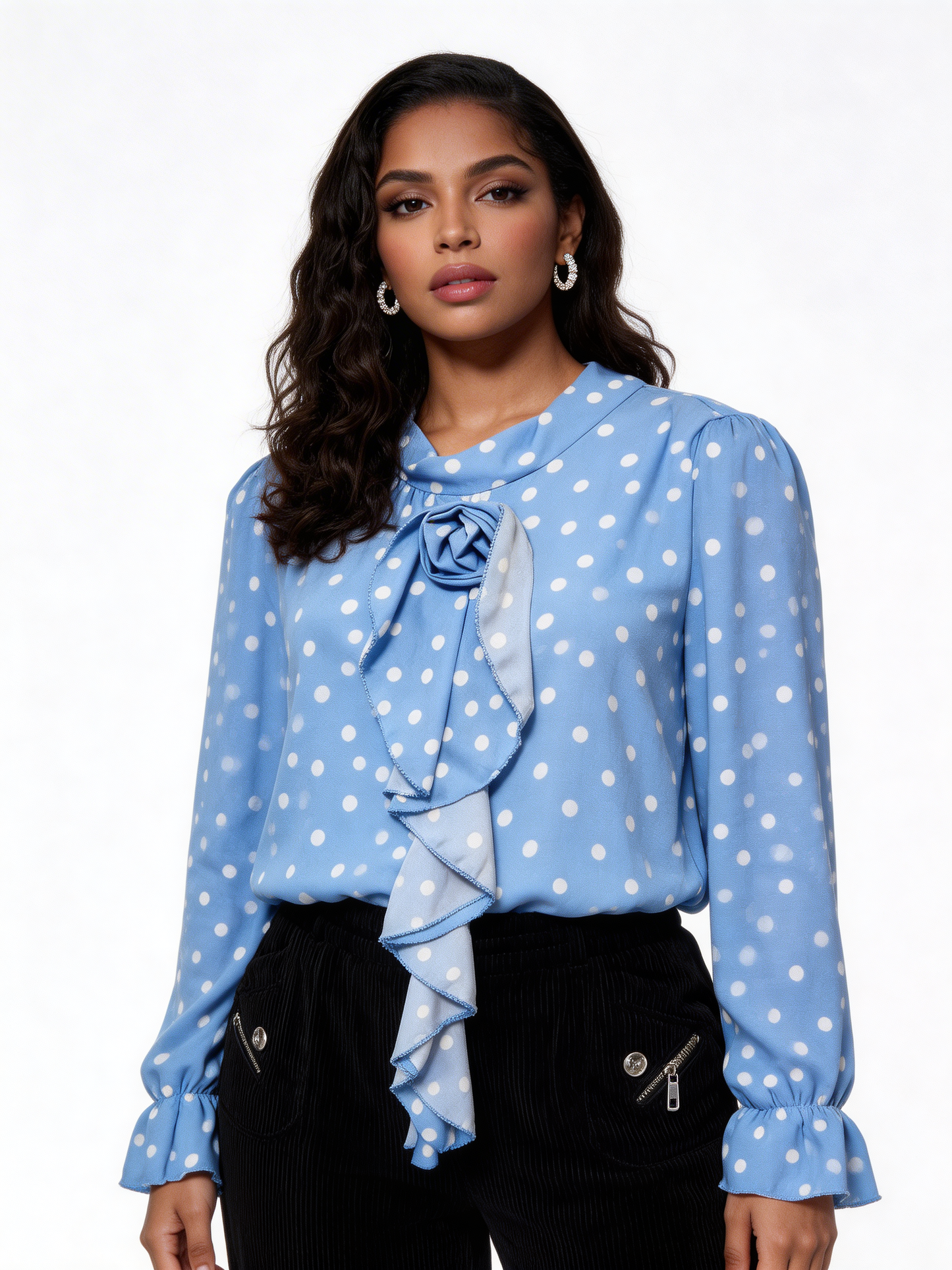 Elegant Polka Dot Ruffle Tie-Neck Blouse - Sky Blue