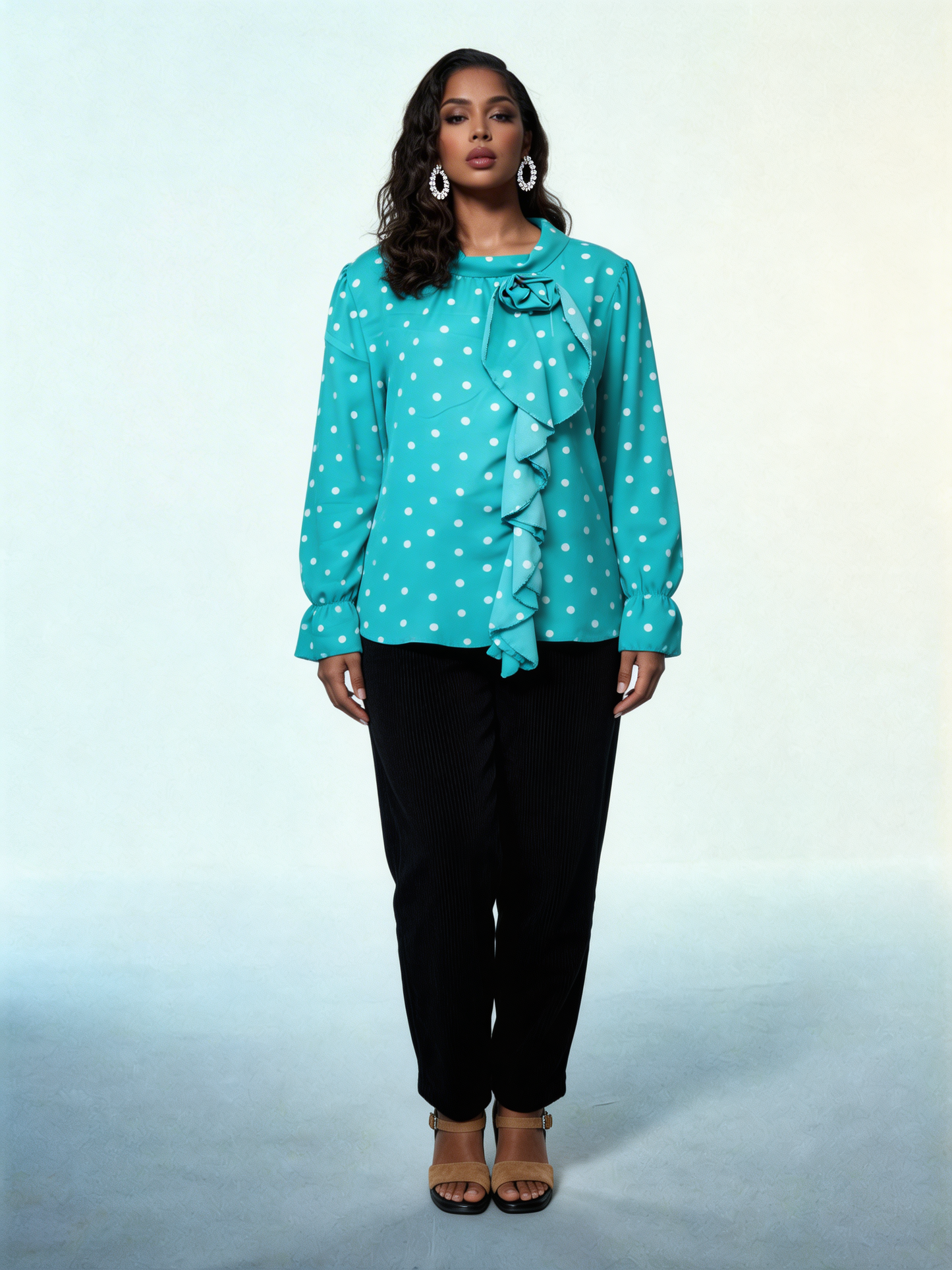 Elegant Polka Dot Ruffle Tie-Neck Blouse - Mint