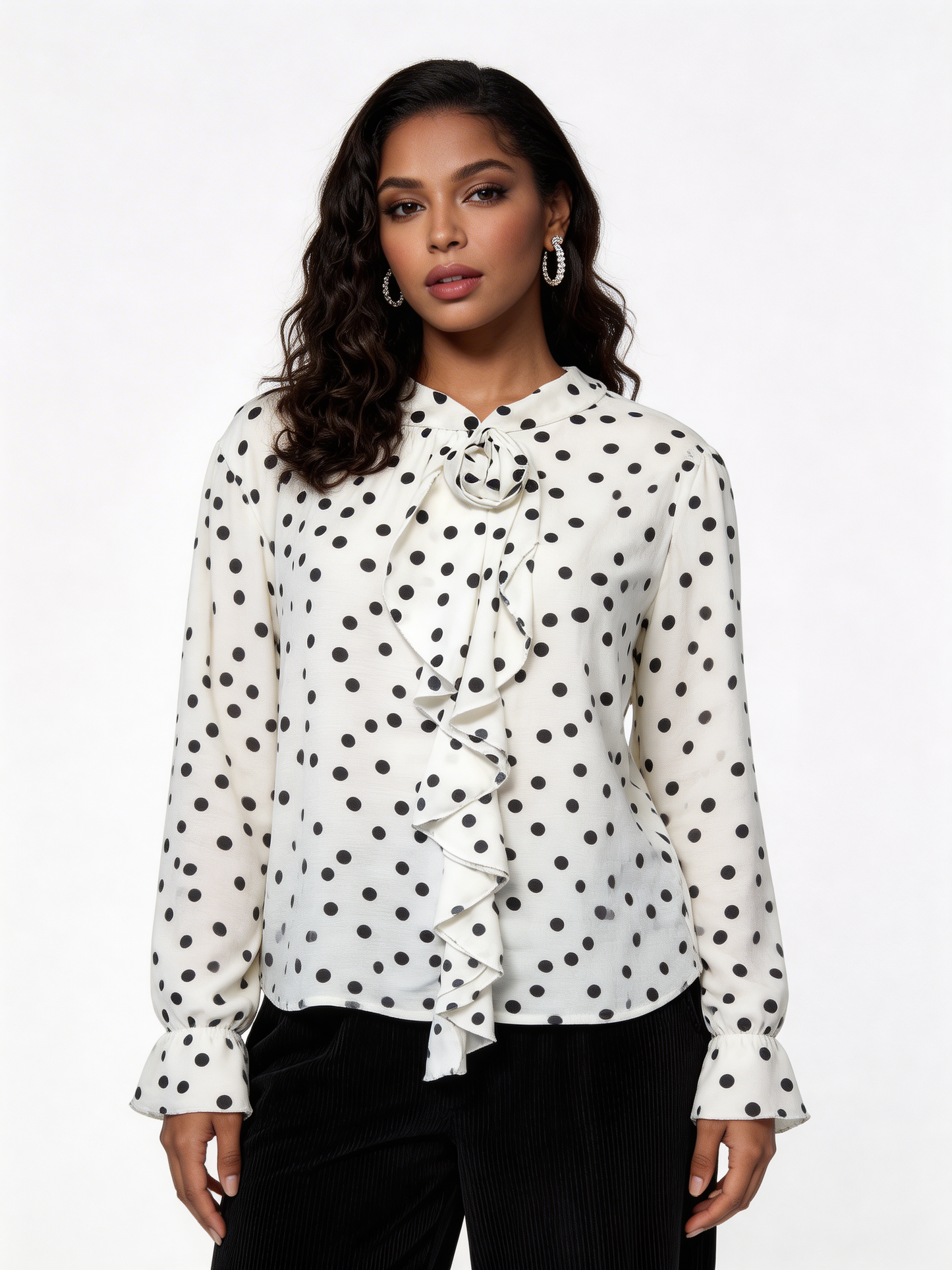Elegant Polka Dot Ruffle Tie-Neck Blouse - White