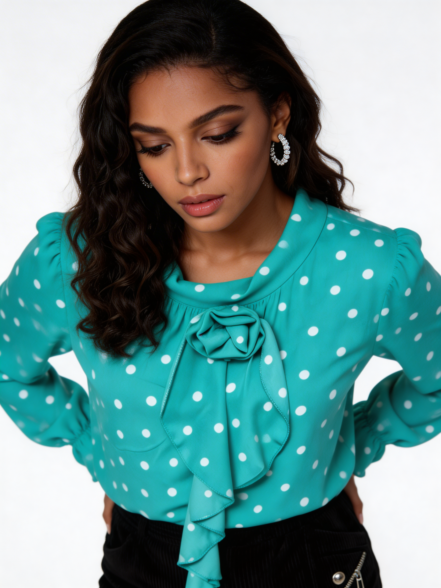 Elegant Polka Dot Ruffle Tie-Neck Blouse - Mint