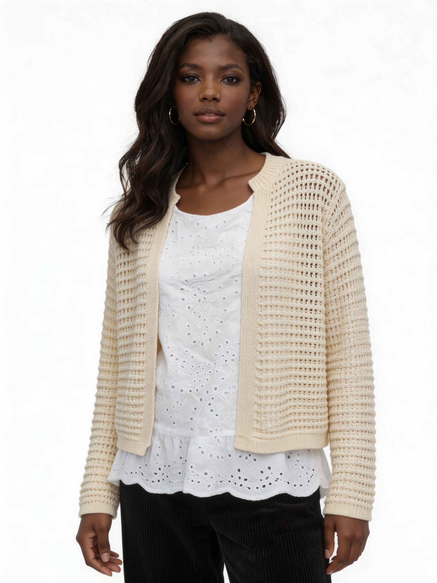 Lightweight Open-Knit Cardigan Sweater - Beige