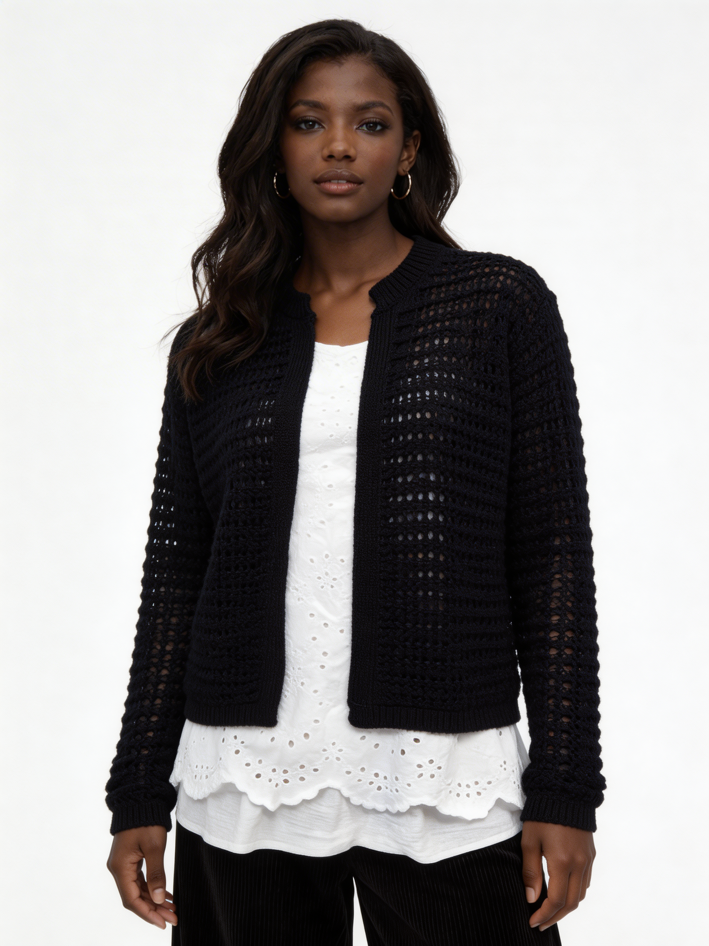 Lightweight Open-Knit Cardigan Sweater - Black