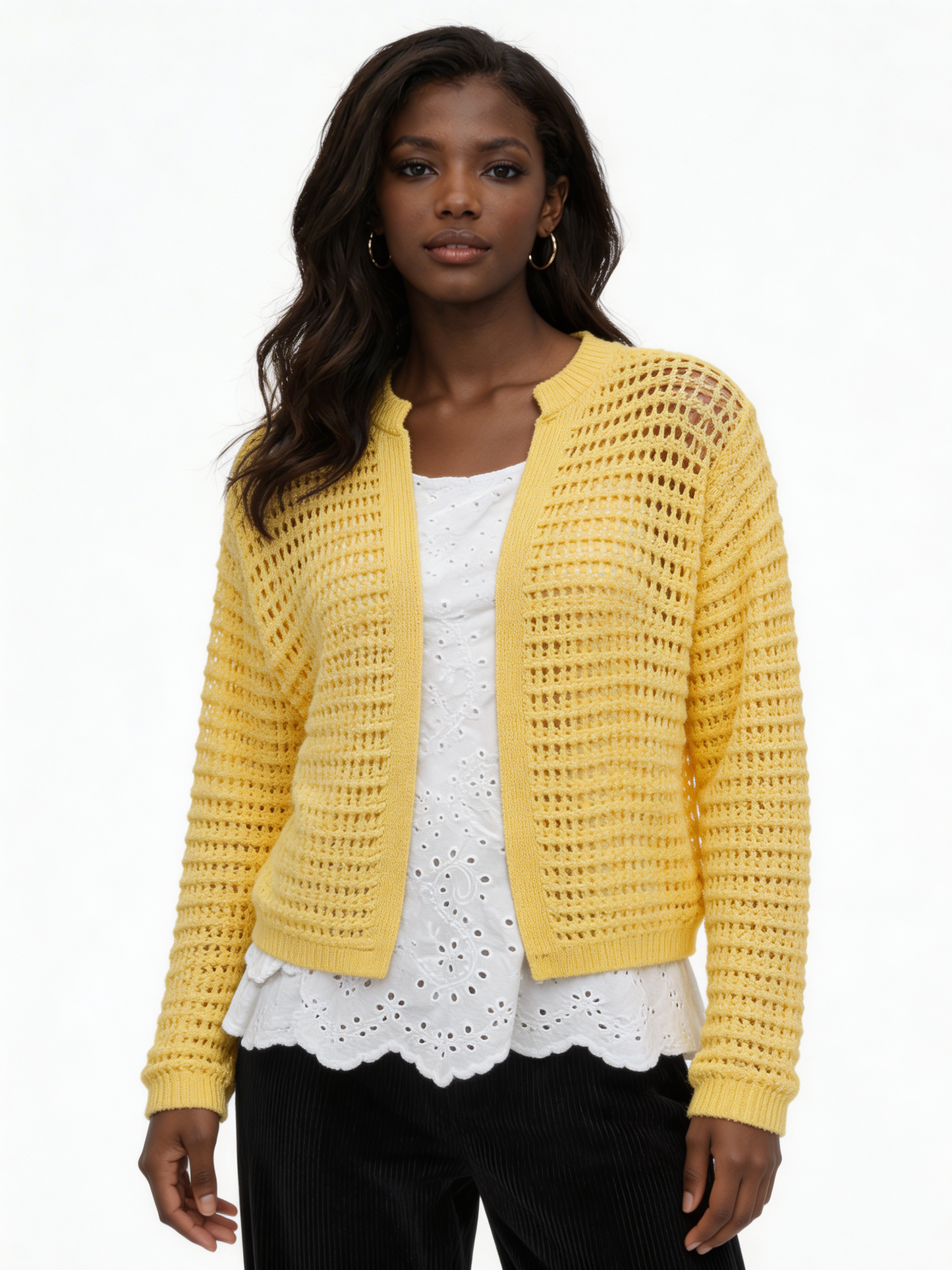 Lightweight Open-Knit Cardigan Sweater - Lemon