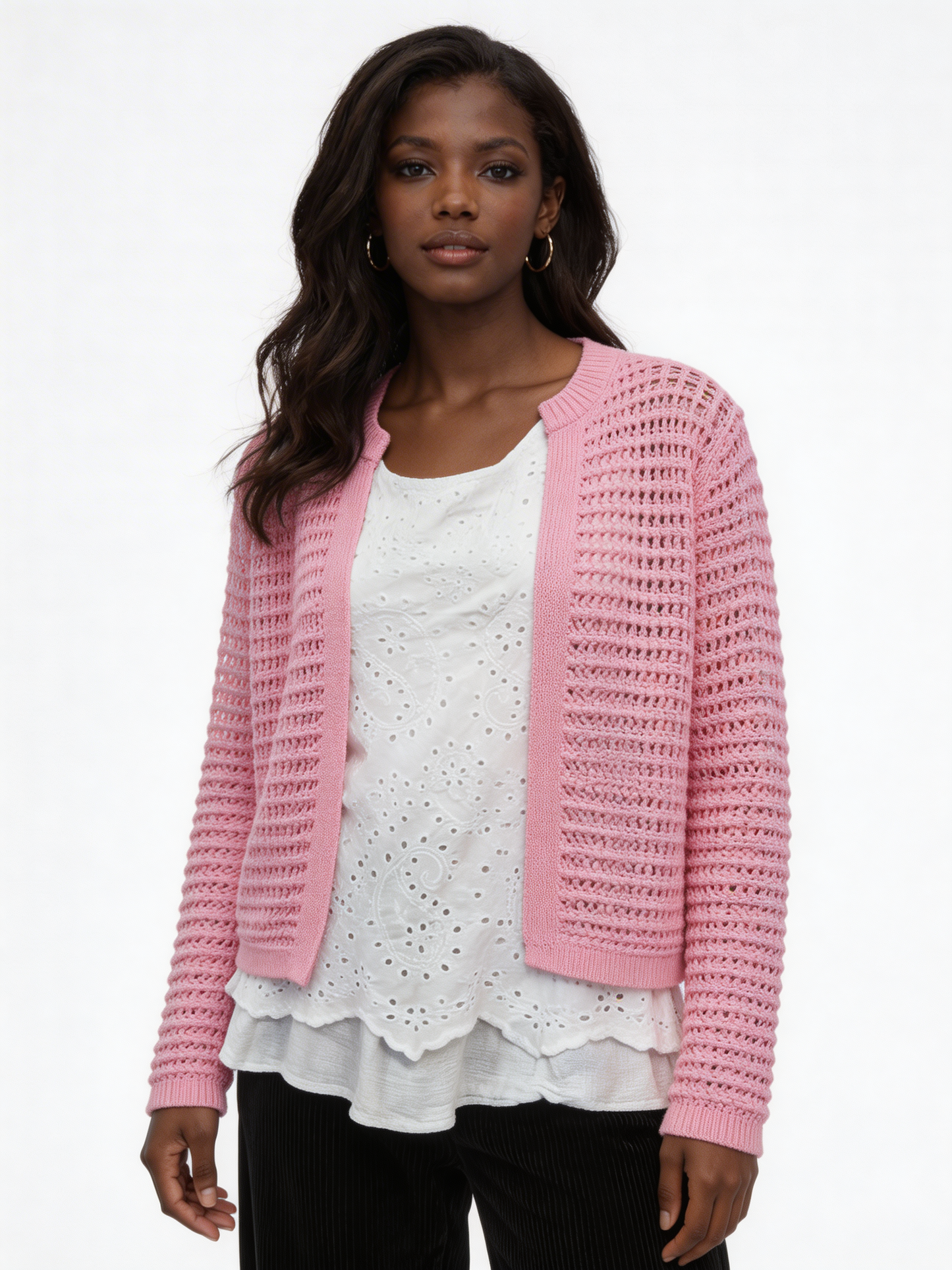 Lightweight Open-Knit Cardigan Sweater - Pink