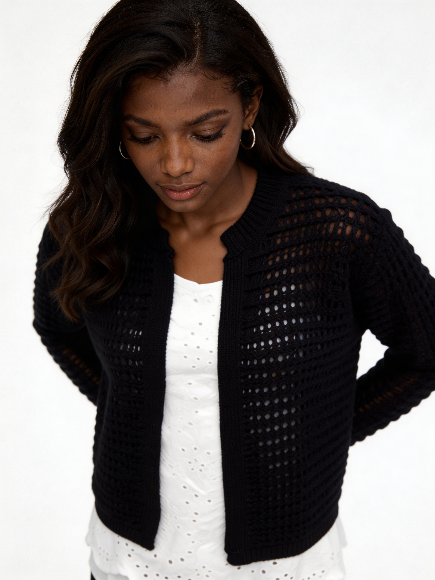 Lightweight Open-Knit Cardigan Sweater - Black