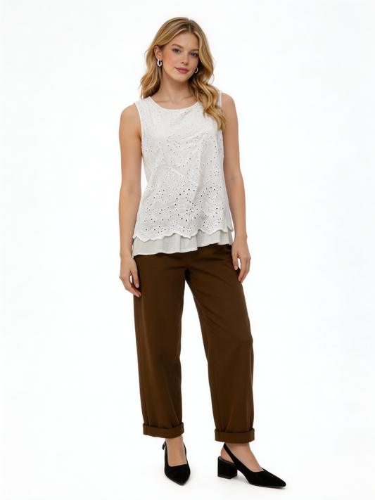 Elegant Eyelet Embroidered Sleeveless Peplum Top – White