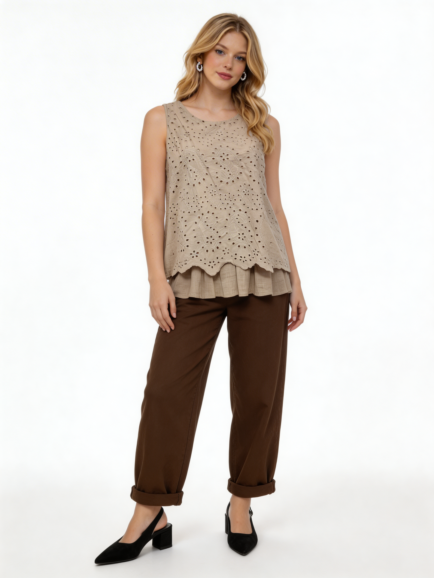 Elegant Eyelet Embroidered Sleeveless Peplum Top – Taupe
