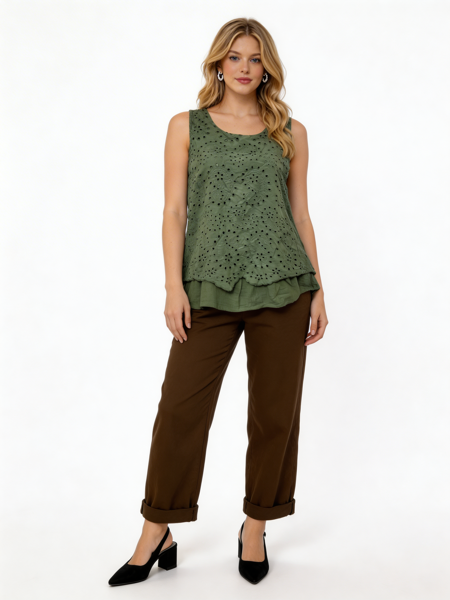 Elegant Eyelet Embroidered Sleeveless Peplum Top – Khaki