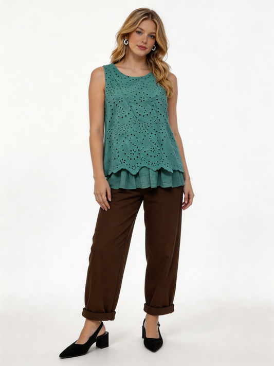 Elegant Eyelet Embroidered Sleeveless Peplum Top – Sage