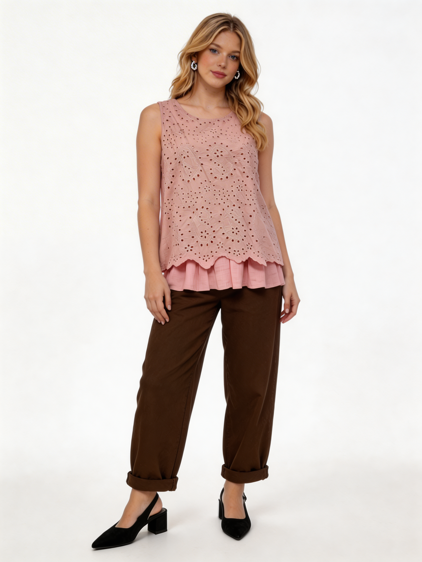 Elegante mouwloze peplumtop met broderie-oogjes – Dusty Pink