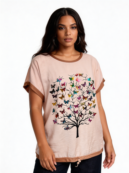 Butterfly Tree Graphic Relaxed Fit Top - Beige