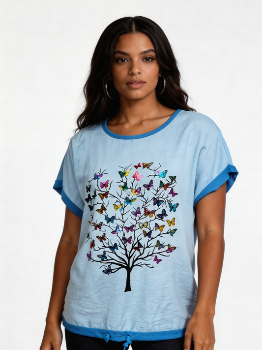Butterfly Tree Graphic Relaxed Fit Top - Sky Blue