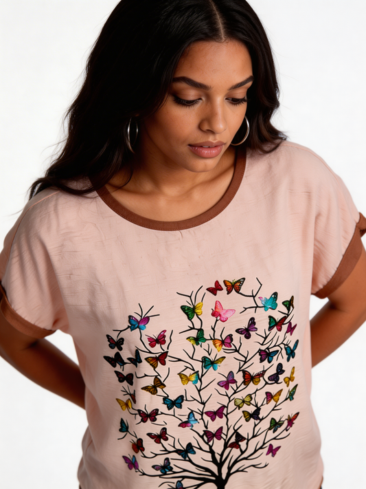 Butterfly Tree Graphic Relaxed Fit Top - Beige
