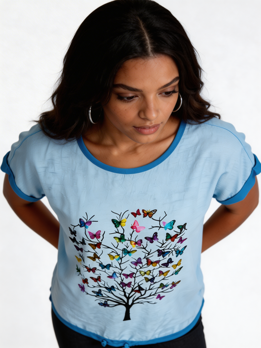 Butterfly Tree Graphic Relaxed Fit Top - Sky Blue