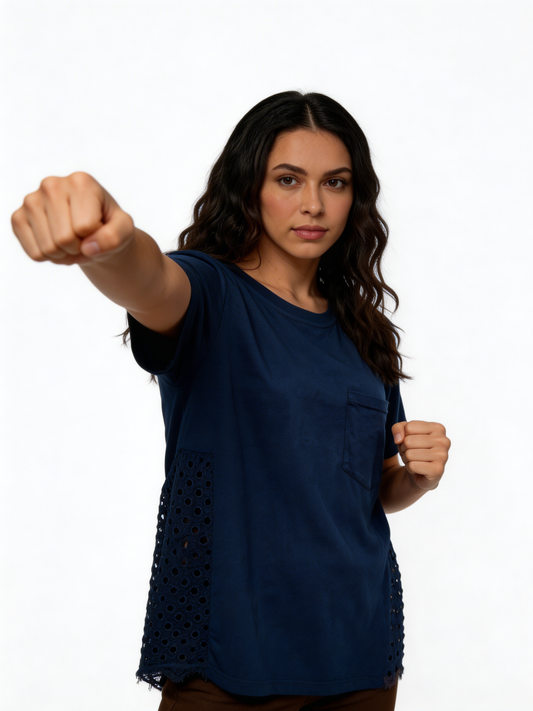 Sunlit Ease Relaxed Fit Cotton Tee with Eyelet Panel Detail - Navy