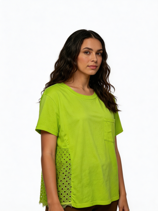 Sunlit Ease Relaxed Fit Cotton Tee with Eyelet Panel Detail - Lime