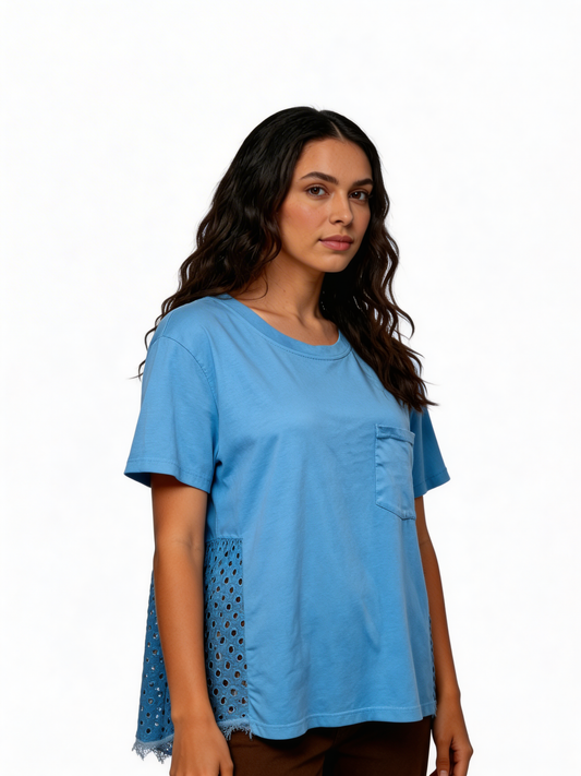 Sunlit Ease Relaxed Fit Cotton Tee with Eyelet Panel Detail -Sky Blue