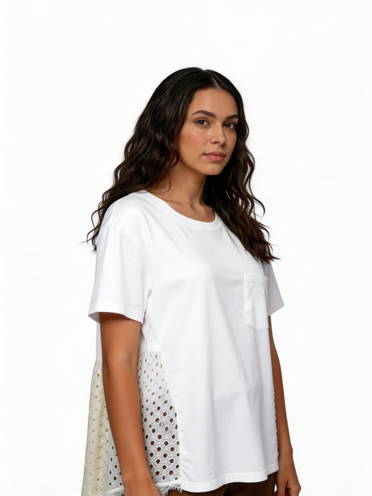 Sunlit Ease Relaxed Fit Cotton Tee with Eyelet Panel Detail -White